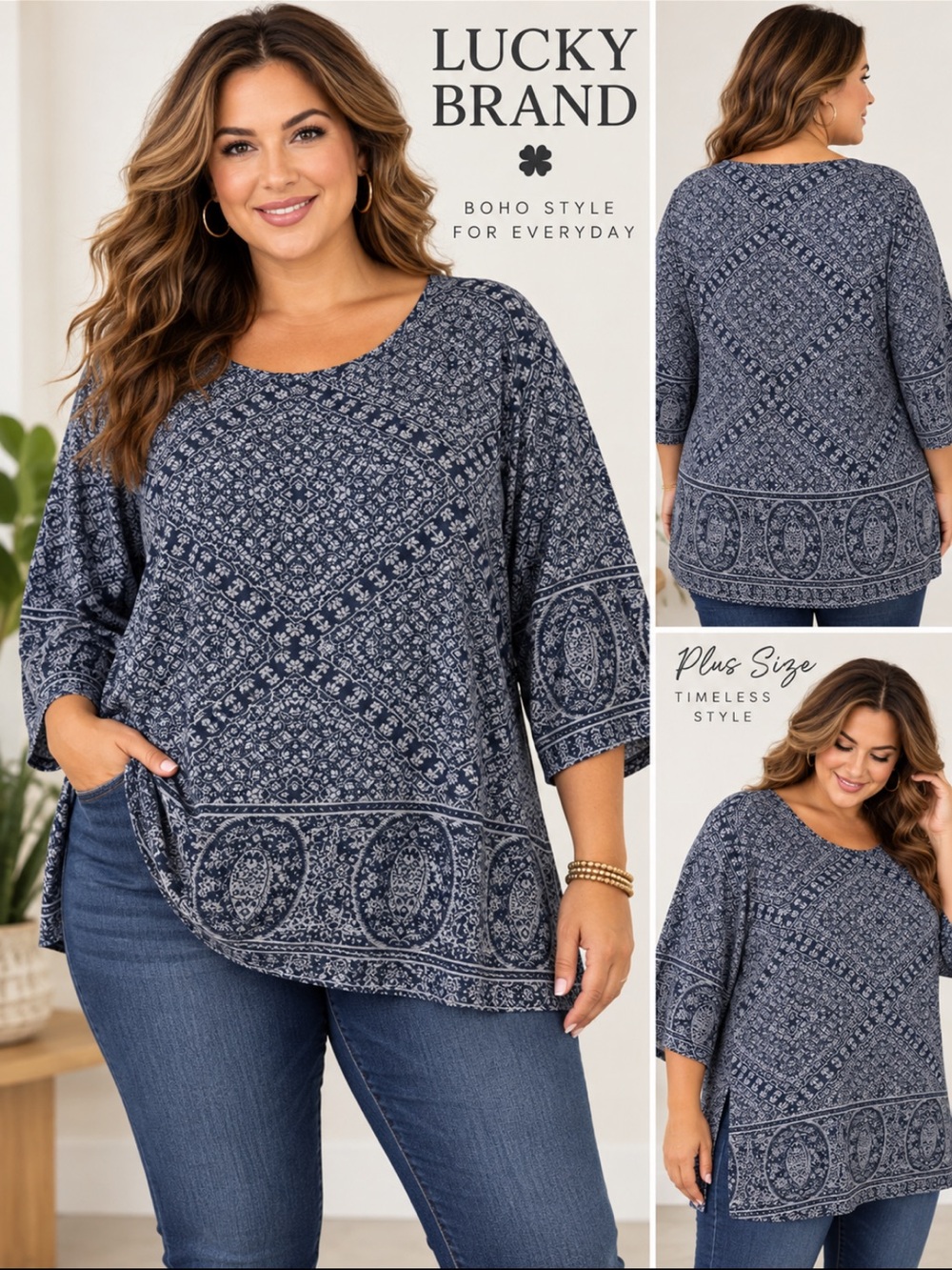 Lucky Brand 3X Blue Paisley Boho Tunic Top Plus Size